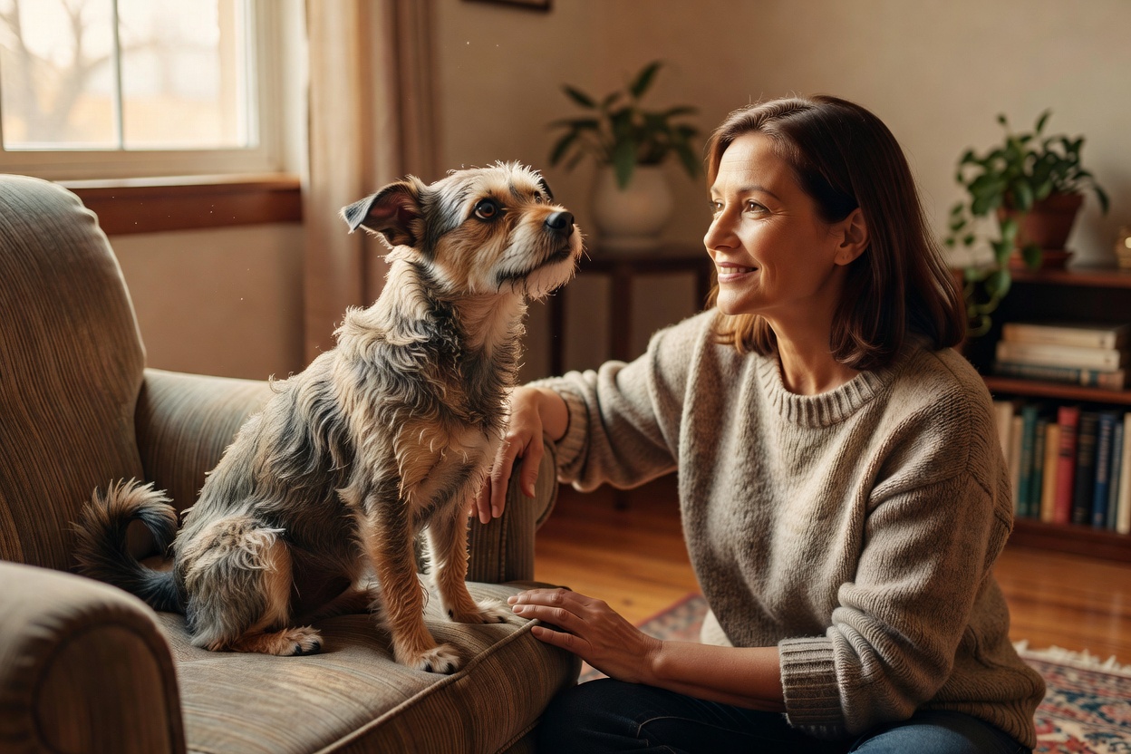 Attentive small dog making warm eye contact with its owner