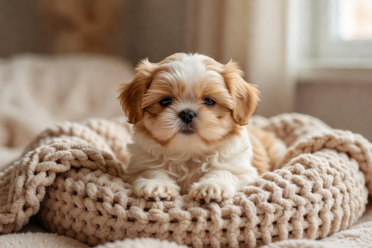 Cute Shih Tzu puppy lying peacefully on a cozy blanket