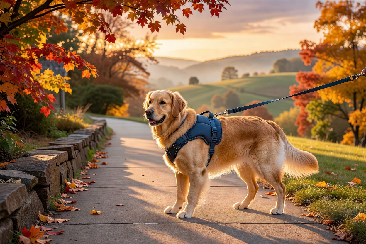 Dog walking calmly on a leash with a padded harness on a scenic sidewalk