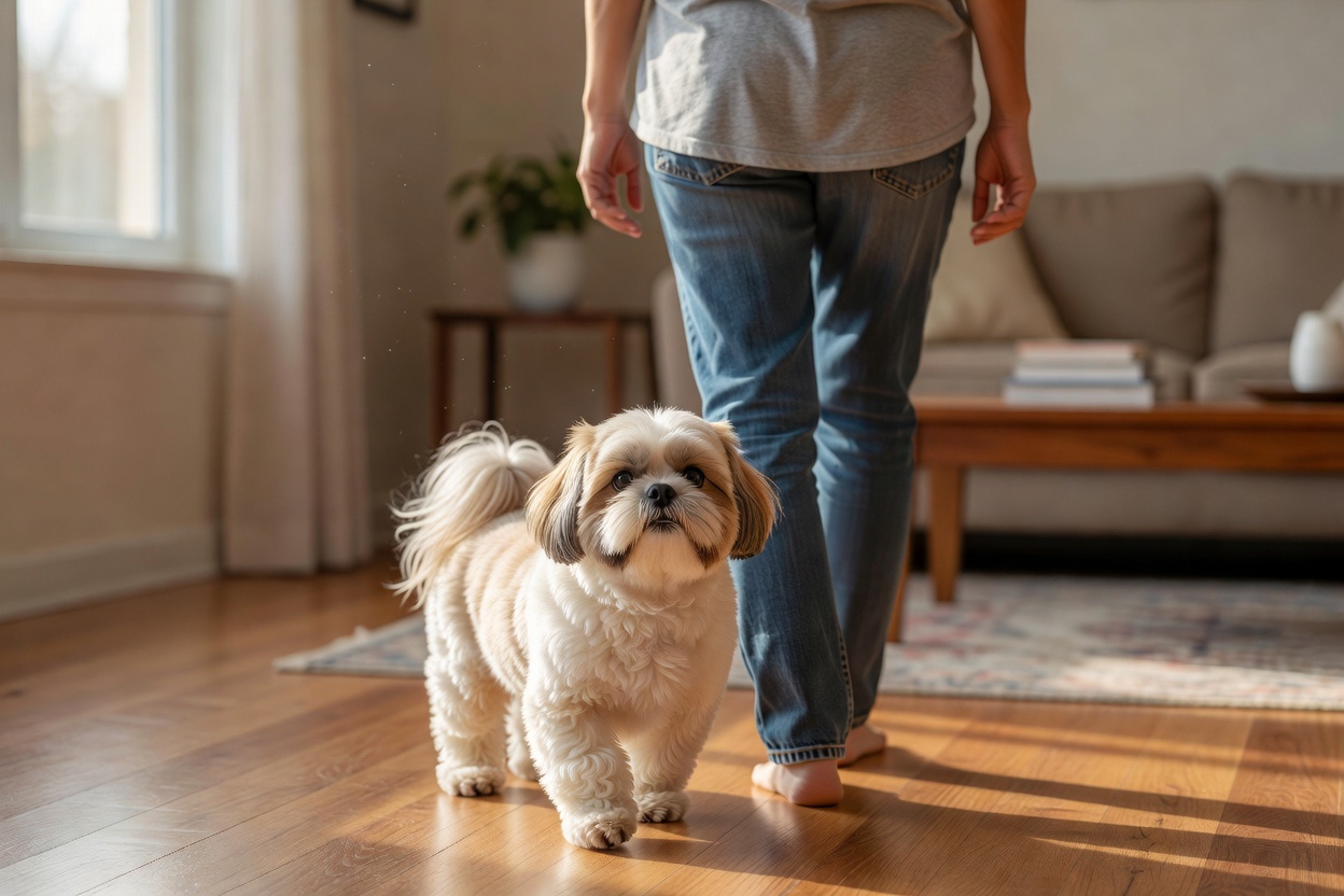 Fluffy Shih Tzu following closely behind its owner indoors