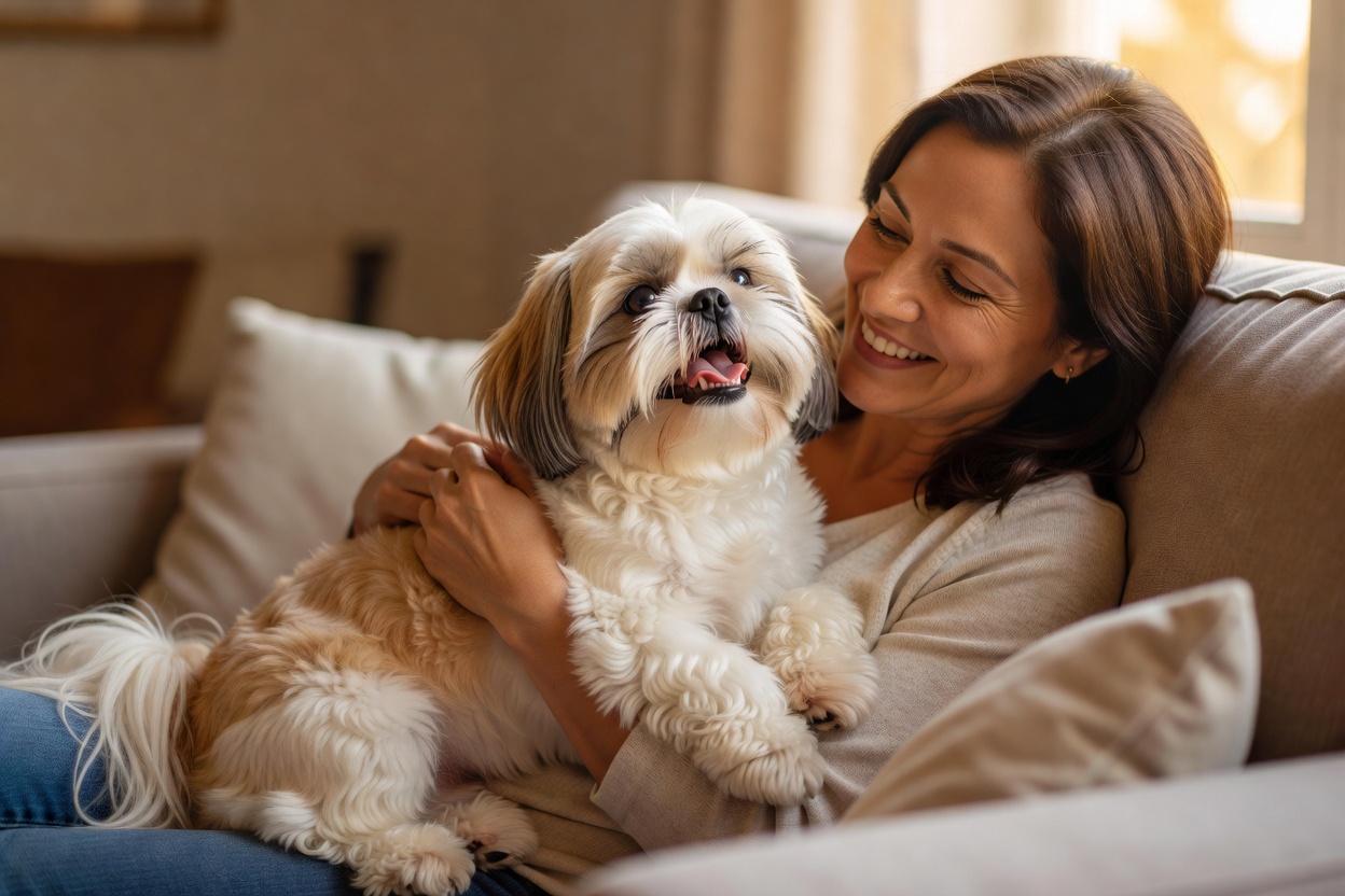 A happy fluffy Shih Tzu looking up affectionately at its owner on a sunlit cozy rug