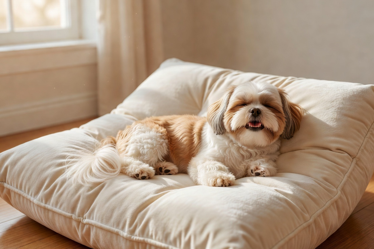 Happy Shih Tzu lying comfortably on a soft cushion inside a bright room