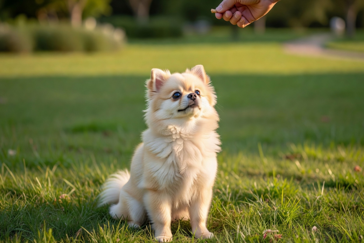 Small cute dog sitting politely outdoors waiting for a reward