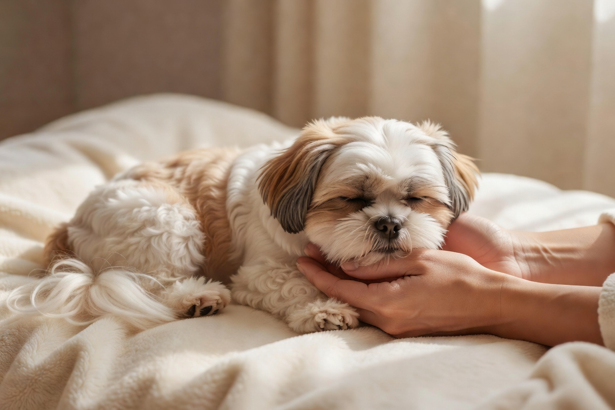 Small cute Shih Tzu resting peacefully beside a pet owner's hands