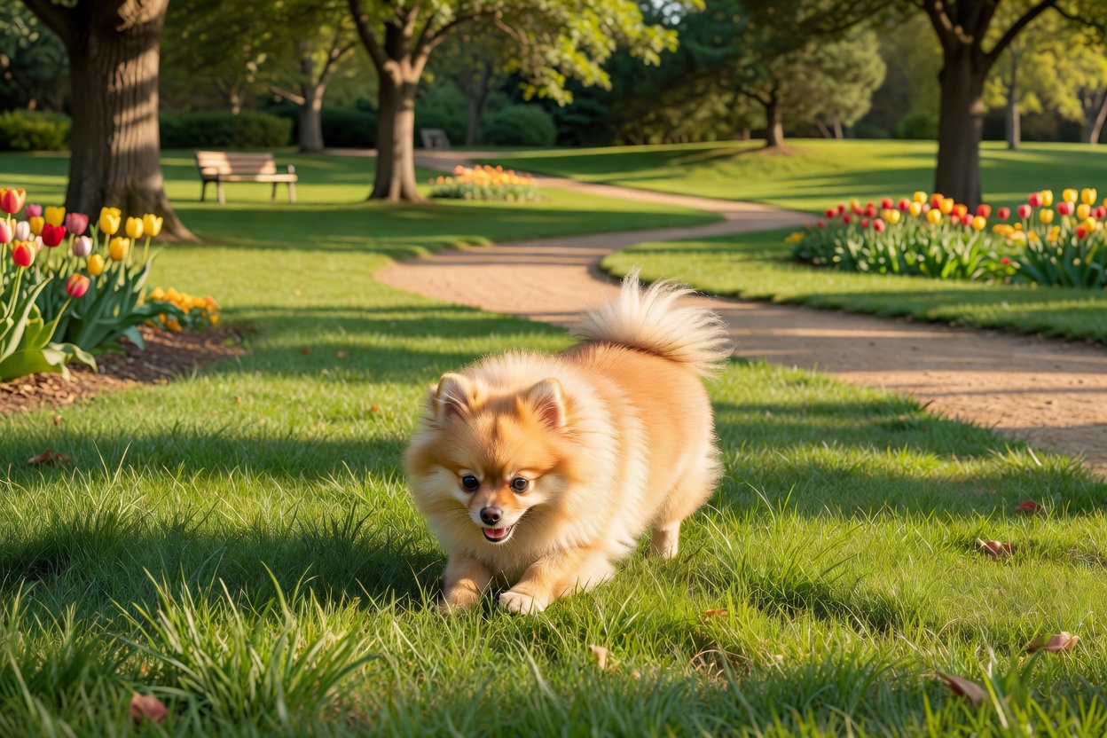 Small dog exploring a safe outdoor park environment happily