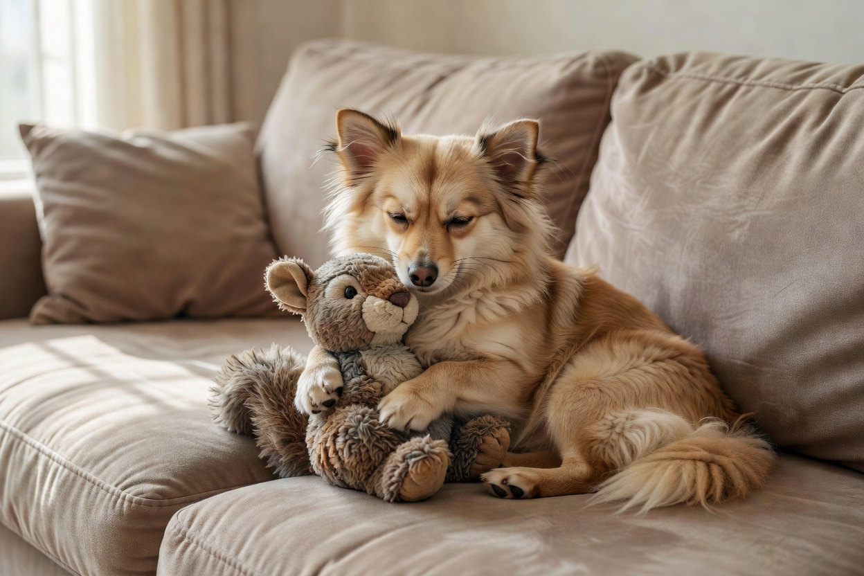Small dog sitting comfortably with a favorite plush toy on a couch