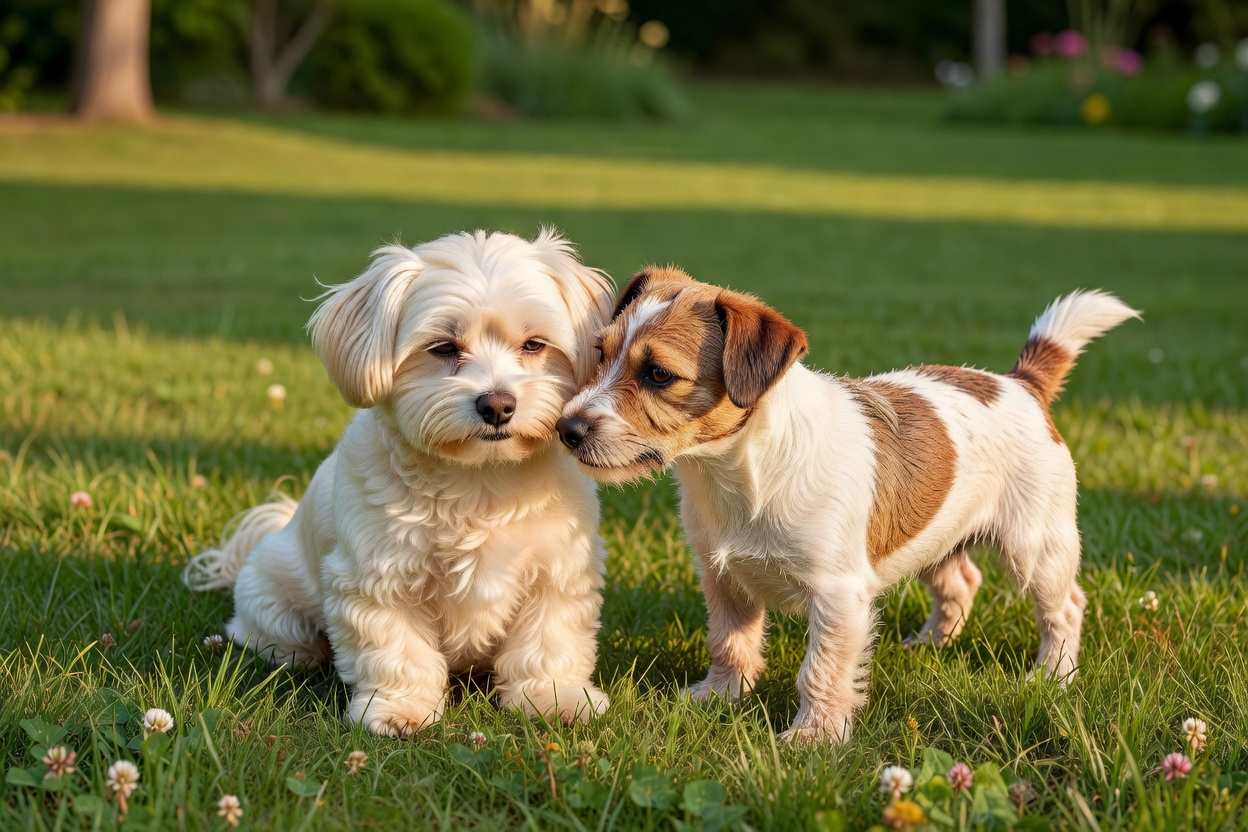 Two small gentle dogs interacting peacefully outdoors